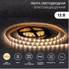 Лента светодиодная 12В, SMD2835, 4,8Вт/м, 60 LED/м, 2700К, 8мм, 5м, для БП с клеммами, IP65 LAMPER