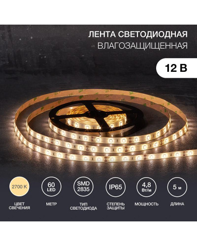 Лента светодиодная 12В, SMD2835, 4,8Вт/м, 60 LED/м, 2700К, 8мм, 5м, для БП с клеммами, IP65 LAMPER