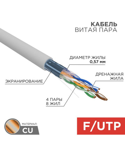 Кабель витая пара F/UTP, CAT 6, ZH нг(А)-HF, 4PR, 23AWG, INDOOR, SOLID, серый, 305м, REXANT