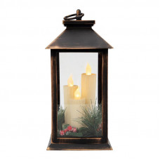 Декоративный фонарь со свечкой и шишкой, бронзовый корпус, размер 14x14x27 см, цвет теплый белый