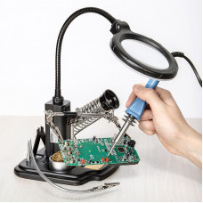 Держатель Третья рука, МАСТЕР, 3 зажима, лупа 90мм (3х), подставка паяльника, стенд припоя, LED подсветка REXANT