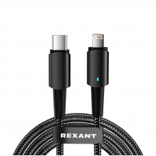 Кабель Type-C – Lightning для Apple, 3А, 1м, в черной нейлоновой оплетке, со световой индикацией REXANT