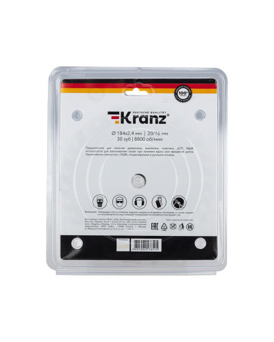 Диск пильный 184 мм х 30 зуб х 20/16 мм KRANZ