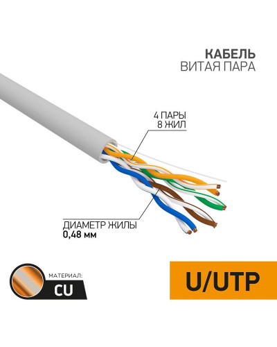 Кабель витая пара U/UTP, CAT 5e, PVC, 4PR, 24AWG, INDOOR, SOLID, серый, 305м PROconnect