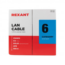 Кабель витая пара U/UTP, CAT 6, ZH нг(А)-HF, 4PR, 23AWG, INDOOR, SOLID, серый, 305 м, REXANT