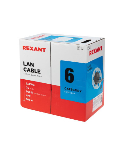 Кабель витая пара U/UTP, CAT 6, ZH нг(А)-HF, 4PR, 23AWG, INDOOR, SOLID, серый, 305 м, REXANT