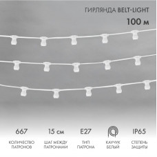 Гирлянда Belt-Light 2 жилы, 100м, шаг 15см, 667 патронов E27, IP65, белый провод NEON-NIGHT