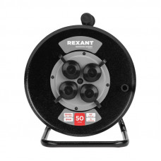 Удлинитель силовой КГ на катушке 4 гнезда, с/з, 50м, 3х1,5мм², IP44 c защитными крышками, металлическая катушка REXANT