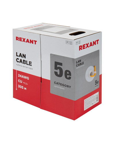 Кабель витая пара U/UTP, CAT 5e, ZH нг(А)-HF, 4PR, 24AWG, INDOOR, SOLID, оранжевый, 305м REXANT