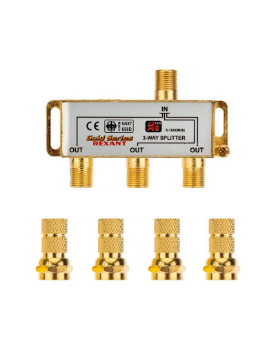 Делитель ТВх3 под F-разъем, 5-1000МГц, Gold (4 F-разъема в комплекте) REXANT