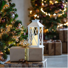 Декоративный фонарь со свечой 14x14x29 см, белый корпус, теплый белый цвет свечения NEON-NIGHT