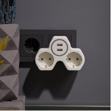 Двойник электрический 16А с/з и защитными шторками + 2 USB порта, 2,4 А, белый REXANT