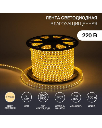 Лента светодиодная 220В, SMD5730, 60 LED/м, Теплый белый, 6,5x13мм, 100м, без установочного набора, IP67 NEON-NIGHT