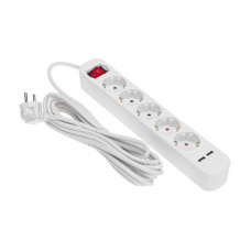 Удлинитель STANDARD 5 гнезд, 5м, 3х1,0мм², с/з, с выключателем, 2 USB, белый REXANT