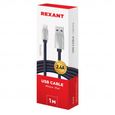 Кабель USB-A – Lightning для Apple, 2,4A, 1м, в нейлоновой оплетке (джинсовая ткань) REXANT