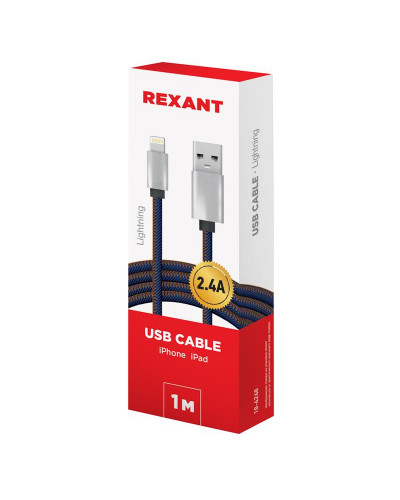 Кабель USB-A – Lightning для Apple, 2,4A, 1м, в нейлоновой оплетке (джинсовая ткань) REXANT