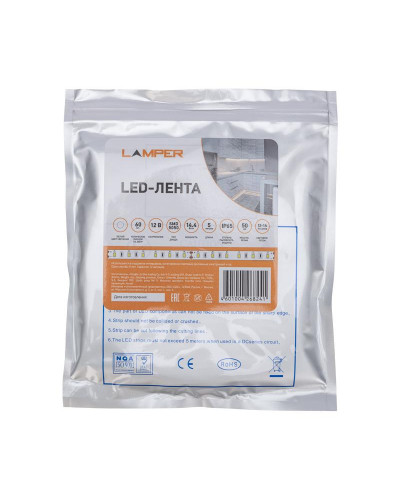 Лента светодиодная 12В, SMD5050, 14,4Вт/м, 60 LED/м, 6500К, 10мм, 5м, для БП с клеммами, IP65 LAMPER
