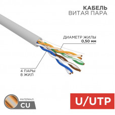 Кабель витая пара U/UTP, CAT 5e, PVC, 4PR, 24AWG, INDOOR, SOLID, серый, 25м, REXANT