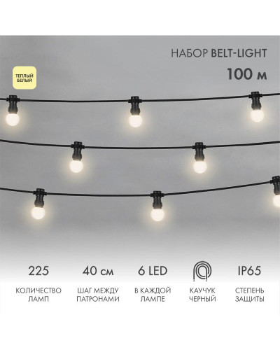 Набор ЕВРО Belt-Light 2 жилы, 100м, шаг 40см, 225 LED ламп, цвет свечения теплый белый, 45мм (6 LED) NEON-NIGHT