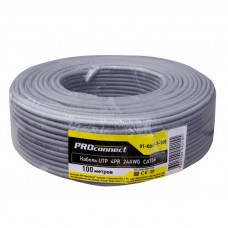 Кабель витая пара омедненный, U/UTP, CCA, CAT 5e, PVC, 4PR, 24AWG, INDOOR, SOLID, серый, 100м PROconnect