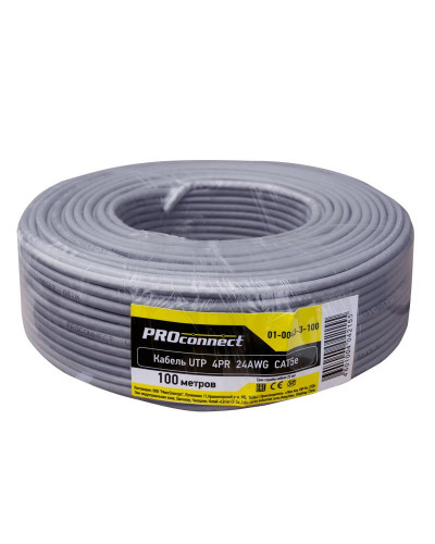 Кабель витая пара омедненный, U/UTP, CCA, CAT 5e, PVC, 4PR, 24AWG, INDOOR, SOLID, серый, 100м PROconnect