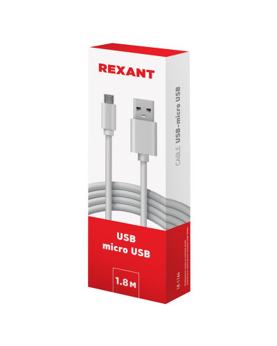 Кабель USB-A – micro USB, 1А, 1,8м, ПВХ, белый REXANT
