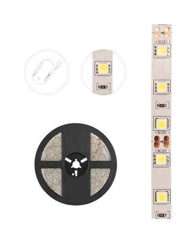 Лента светодиодная 12В, SMD5050, 14,4Вт/м, 60 LED/м, 6500K, 10мм, 5м, IP20 LAMPER