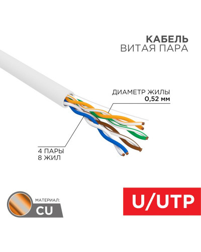 Кабель витая пара U/UTP, CAT 5e, PVCLSнг(А)-FRLSLTx 4х2х0,52 (С6452) 305м СегментЛАН