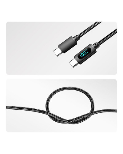 Кабель Type-C – Type-С, 5A, 100Вт, 1м, в черной нейлоновой оплетке, с LED дисплеем REXANT