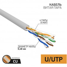 Кабель витая пара U/UTP, CAT 5e, PVC, 4PR, 24AWG, INDOOR, SOLID, серый, 25м PROconnect