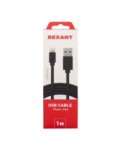 Кабель USB-A – Lightning для Apple, 2,4A 1м, в черной нейлоновой оплетке REXANT