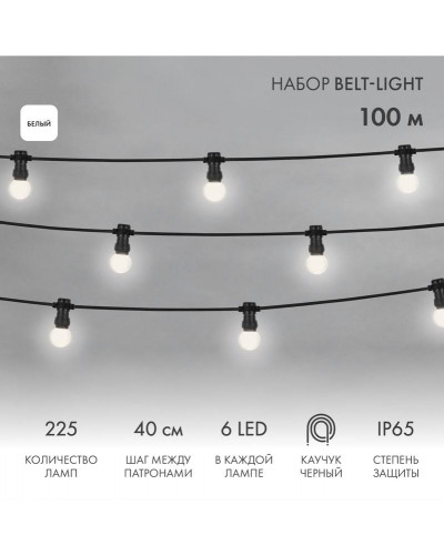 Набор ЕВРО Belt-Light 2 жилы, 100м, шаг 40см, 225 LED ламп, цвет свечения белый, 45мм (6 LED) NEON-NIGHT