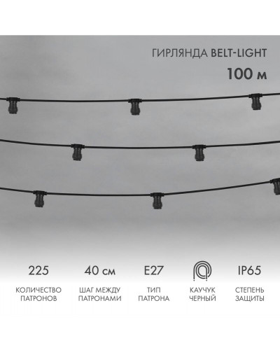 Гирлянда Belt-Light 2 жилы, 100м, шаг 40см, 225 патронов E27, IP65, черный провод NEON-NIGHT