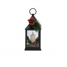 Декоративный фонарь со свечкой и шишкой, черный корпус, размер 10,7x10,7x23,5 см, цвет теплый белый