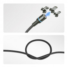 Кабель USB 3в1 со съемными магнитными портами, Type-С (2A), Lightning (2,4A), Micro USB (2A), 1,2м, в черной оплетке, с LED подсветкой REXANT