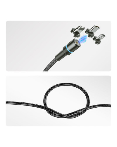 Кабель USB 3в1 со съемными магнитными портами, Type-С (2A), Lightning (2,4A), Micro USB (2A), 1,2м, в черной оплетке, с LED подсветкой REXANT