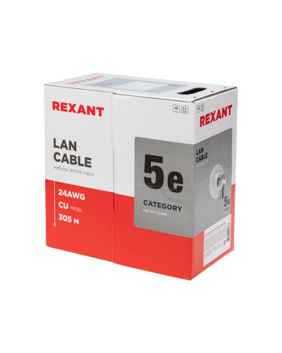 Кабель витая пара U/UTP, CAT 5e, ZH нг(А)-HF, 4PR, 24AWG, INDOOR, SOLID, серый, 305м REXANT LIGHT