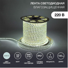 Лента светодиодная 220В, SMD5730, 7Вт/м, 120 LED/м, Холодный белый, 6,5х17мм, 100м, без установочного набора, IP67 NEON-NIGHT