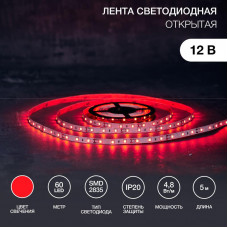 Лента светодиодная 12В, SMD2835, 4,8Вт/м, 60 LED/м, красный, 8мм, 5м, IP20 LAMPER