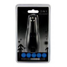 Универсальное ЗУ-трансформер авто+сетевое 2 USB цвет черный (2х1000 mA)c индикатором, блистер