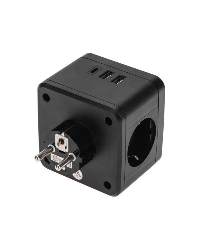 Двойник электрический Куб 16А с/з + 2хUSB-A 2,4А + USB Type-C 3А с ночной подсветкой, черный REXANT