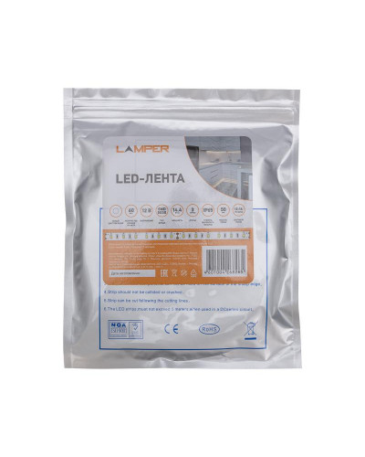 Лента светодиодная 12В, SMD5050, 14,4Вт/м, 60 LED/м, 6500К, 10мм, 3м, для БП с клеммами, IP65 LAMPER