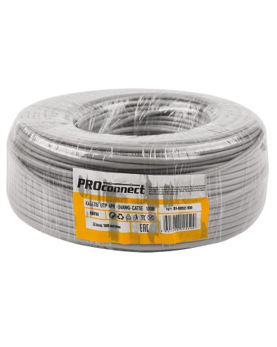 Кабель витая пара U/UTP, CAT 5e, PVC, 4PR, 24AWG, INDOOR, SOLID, серый, 100м PROconnect