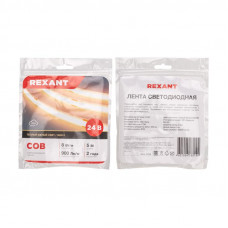 Лента светодиодная 24В, COB 8Вт/м, 320 LED/м, 3000K, 8мм, 5м, IP20 REXANT