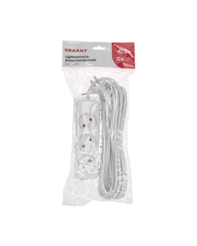 Удлинитель STANDARD 3 гнезда, 5м, 2х1,0мм², б/з, белый REXANT