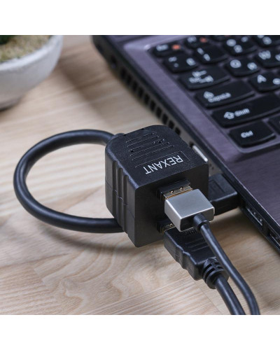Переходник штекер HDMI - 2 гнезда HDMI с проводом, черный REXANT