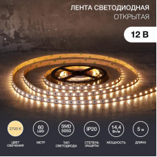 Лента светодиодная 12В, SMD5050, 14,4Вт/м, 60 LED/м, 2700К, 10мм, 5м, для БП с клеммами, IP20 LAMPER