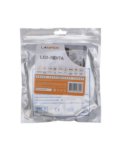 Лента светодиодная 12В, SMD5050, 14,4Вт/м, 60 LED/м, 2700К, 10мм, 5м, для БП с клеммами, IP65 LAMPER