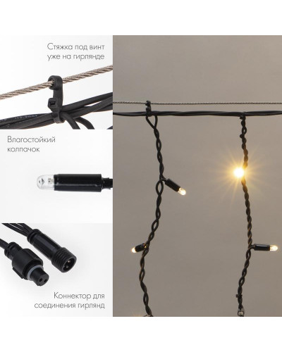 Гирлянда светодиодная Бахрома (Айсикл) 4,0х0,6м 128 LED ТЕПЛЫЙ БЕЛЫЙ черный каучук 3,3мм IP67 эффект мерцания 230В нужен блок 315-000 NEON-NIGHT
