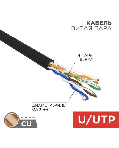 Кабель витая пара U/UTP, CAT 5e, PE, 4PR, 24AWG, OUTDOOR, SOLID, черный, 100м, REXANT